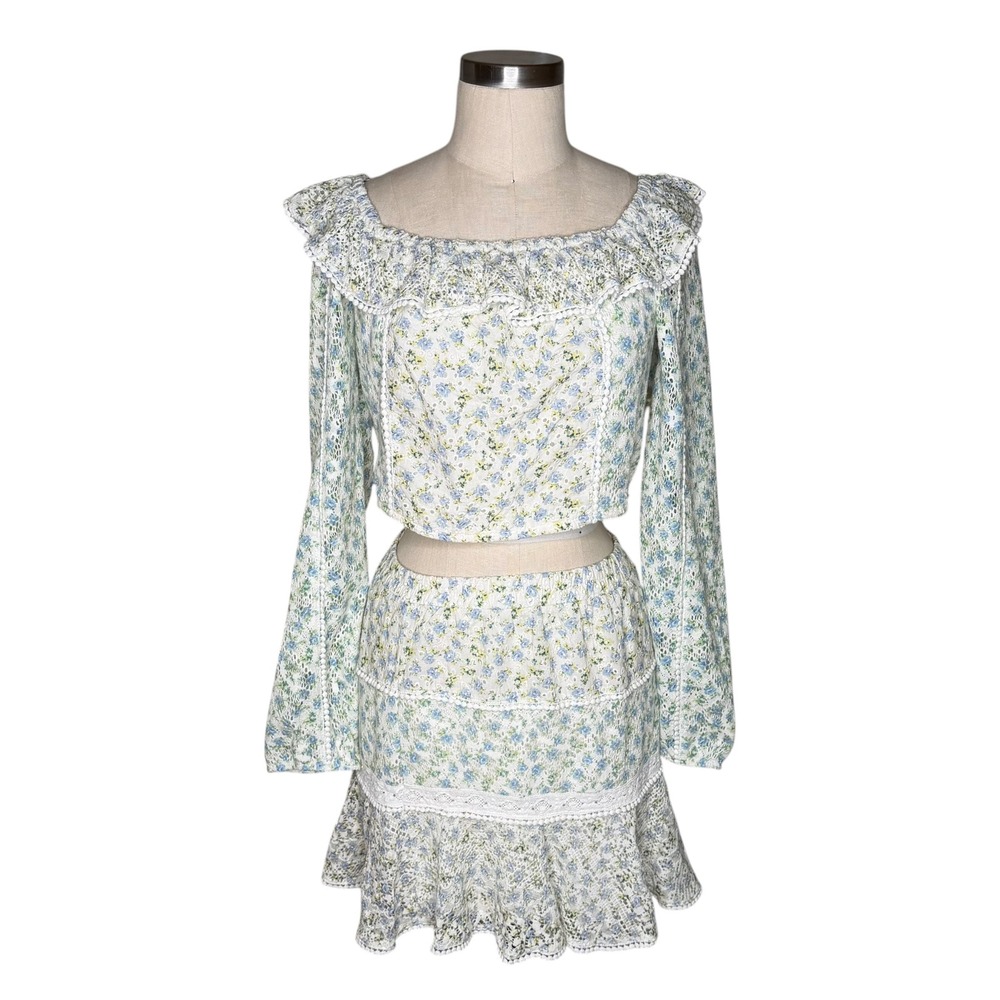 HOUSE OF HARLOW 1960 Skirt‎ Set Blue Floral Eyelet Lace Ruffle Women's Medium